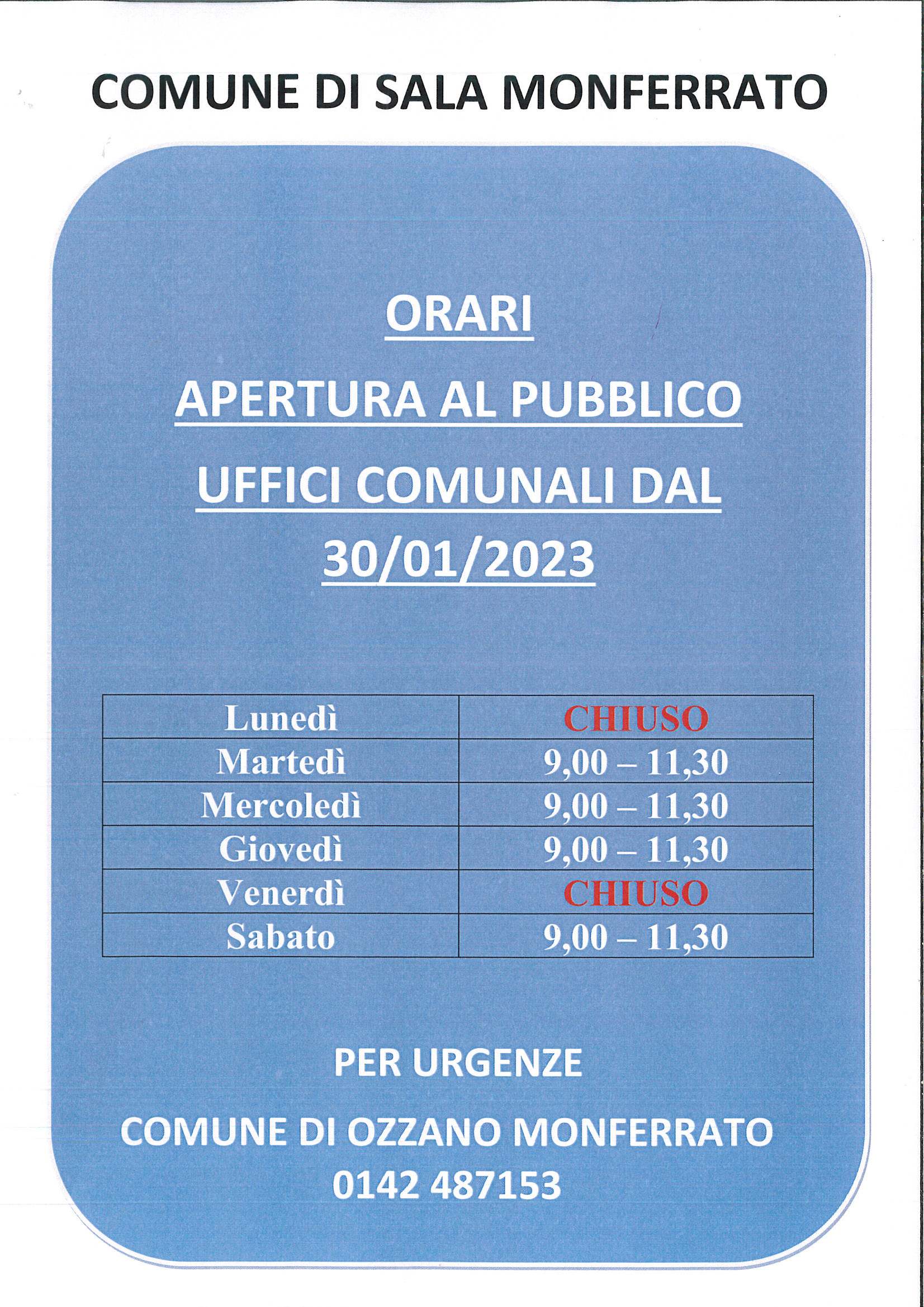 Avviso nuovi orari uffici comunali dal 27/02/2023