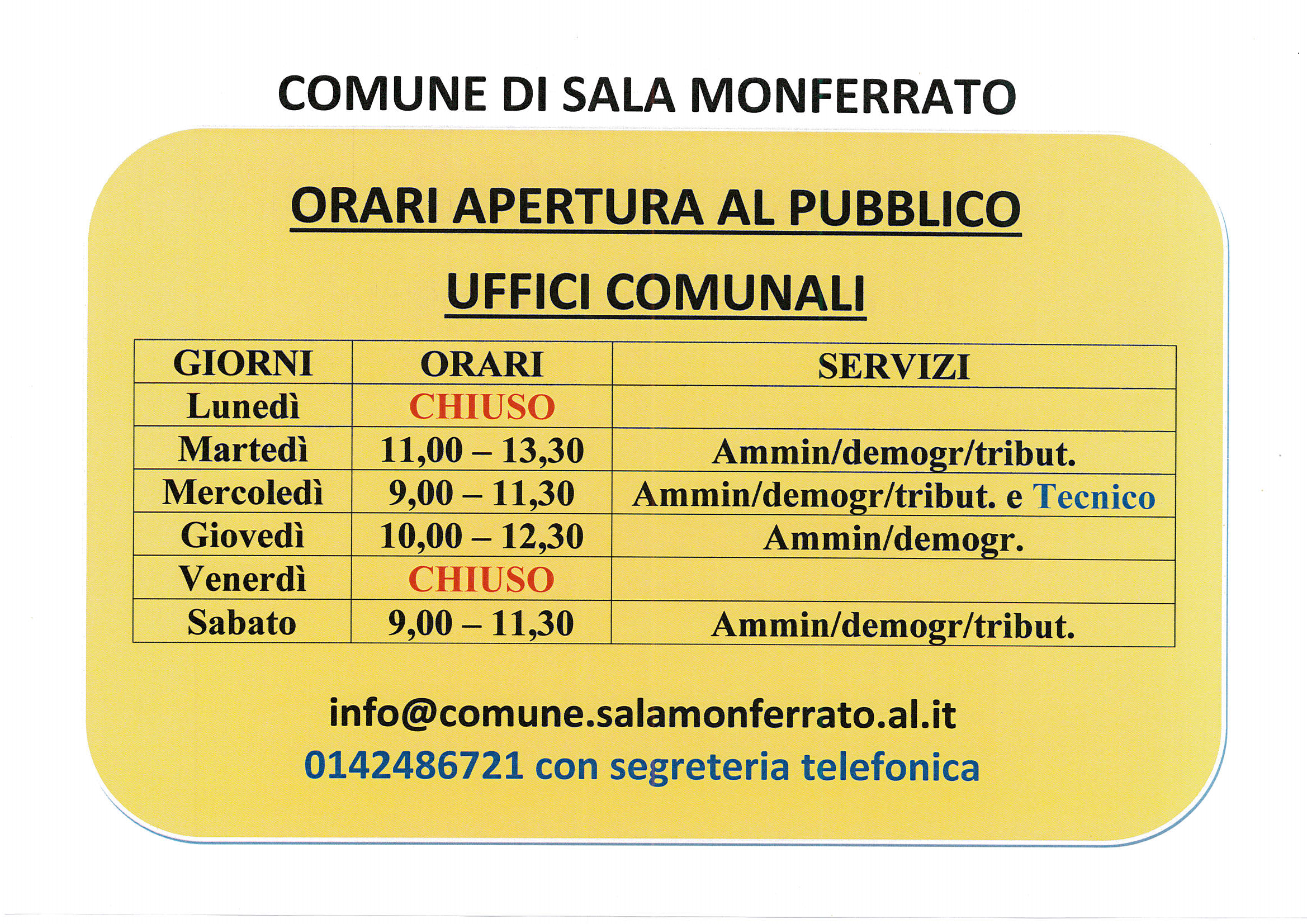 Avviso nuovi orari uffici comunali dal 27/02/2024